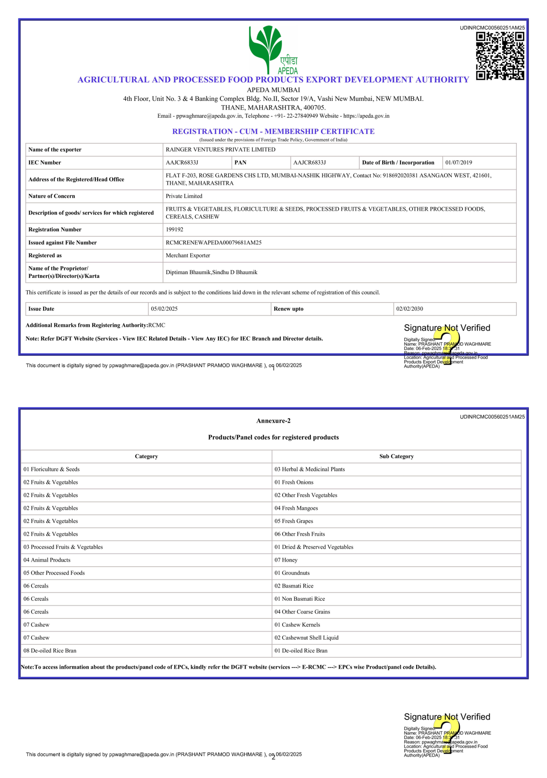RVPL APEDA Certificate